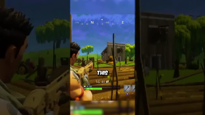 A Fortnite player aiming with a rifle in a vibrant outdoor setting, featuring a wooden structure and trees in the background.