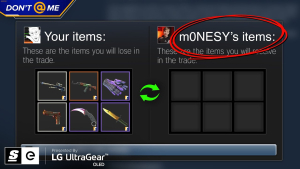 A CS:GO trade interface showing items offered by one user and an empty trade from m0NESY, highlighting a trade imbalance with in-game items such as gloves, knives, and skins.