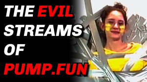 A promotional image featuring bold text reading 'The Evil Streams of Pump.fun' with a woman duct-taped to a chair and wearing yellow face paint, symbolizing the chaotic nature of the platform.