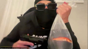 A masked person in dark clothing holding a goldfish in a plastic bag in one hand and a weapon in the other, captured during a controversial livestream.