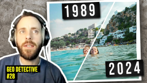 GeoWizard analyzing a split-screen photo from 1989 and 2024, showing a mother-daughter recreation in a scenic coastal location.