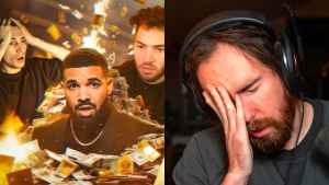 Asmongold reacts to the online gambling epidemic, with an image of Drake and others surrounded by burning cash and gambling symbols.