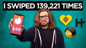 A man holding a phone displaying the Tinder app with a $49 tag, alongside emojis representing Bumble, Hinge, and modern dating dilemmas