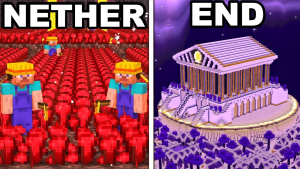 Players simulate civilization in Minecraft's Overworld, Nether, and End.