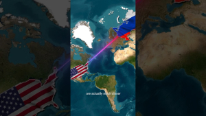 A map highlighting the close proximity of the US and Russia, connected by the Diomede Islands across the Bering Strait with a marked line showcasing their two-mile distance.