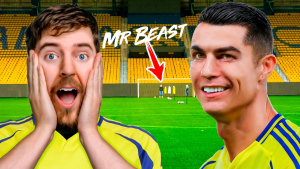 Cristiano Ronaldo and MrBeast on a soccer field, ready for a thrilling high-stakes challenge, with a stadium backdrop and intense expressions.