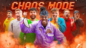 The Sidemen in colorful jumpsuits, with KSI leading the group in a fiery and chaotic setting for the real-life 'Among Us: Chaos Mode' challenge.